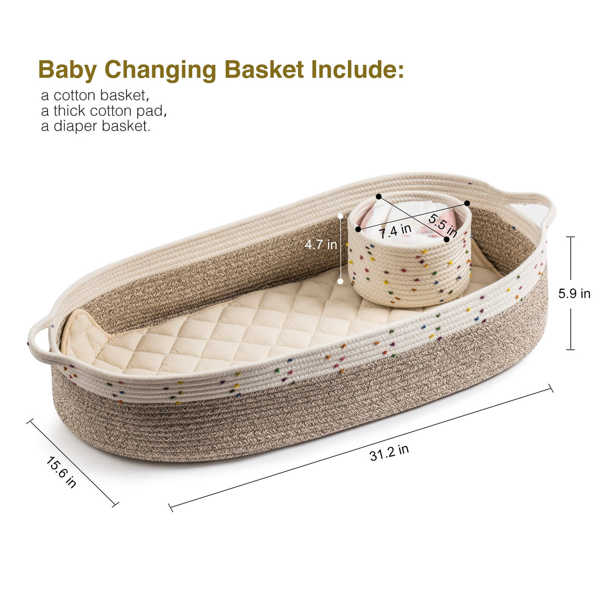 Baby Changing Basket, Handmade Woven Cotton Rope Moses Basket, Changing Table Topper with Mattress Pad
