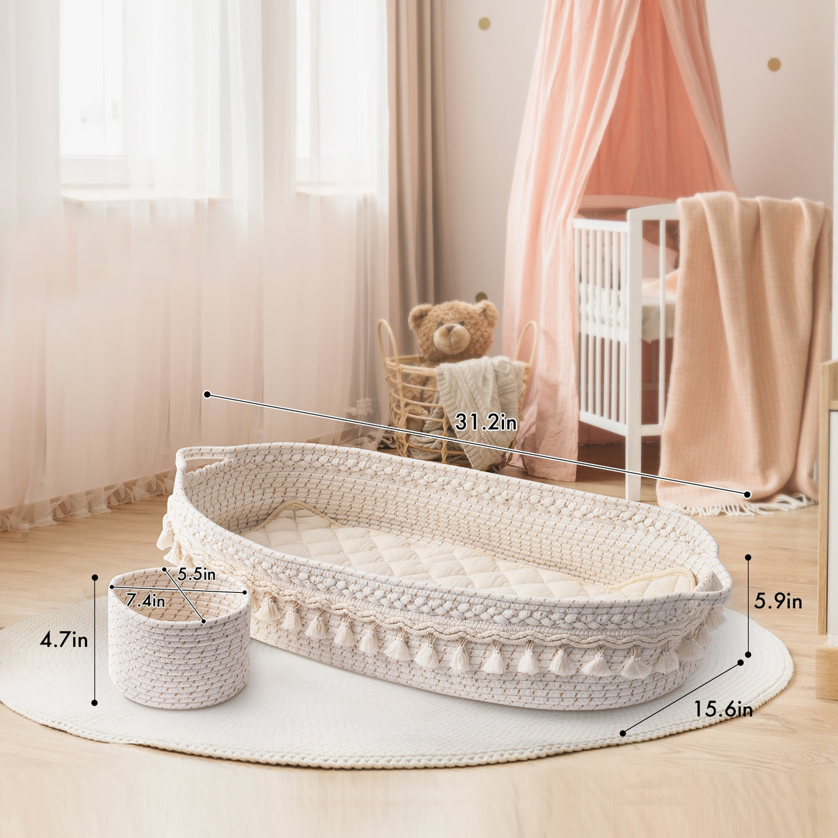 Baby Changing Basket, Handmade Woven Cotton Rope Moses Basket, Changing Table Topper with Mattress Pad