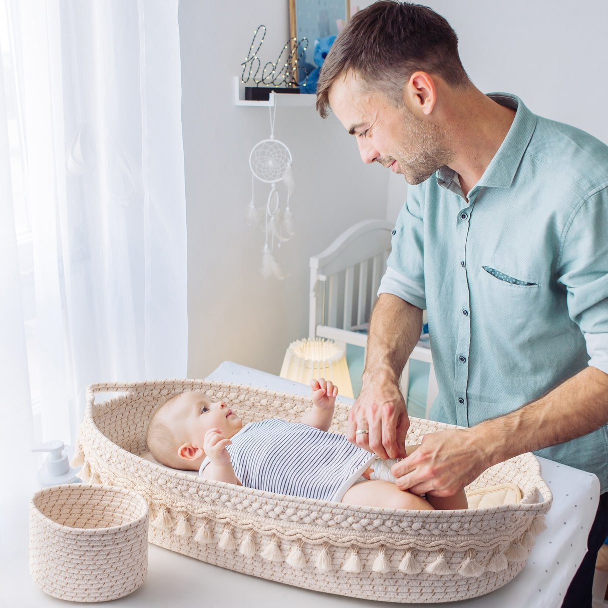 Baby Changing Basket, Handmade Woven Cotton Rope Moses Basket, Changing Table Topper with Mattress Pad