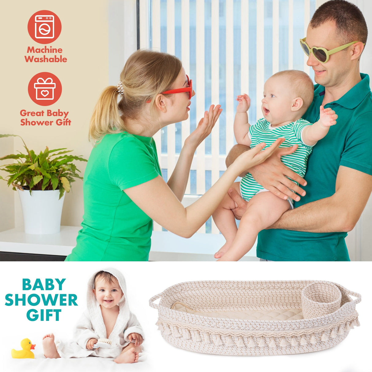 Baby Changing Basket, Handmade Woven Cotton Rope Moses Basket, Changing Table Topper with Mattress Pad