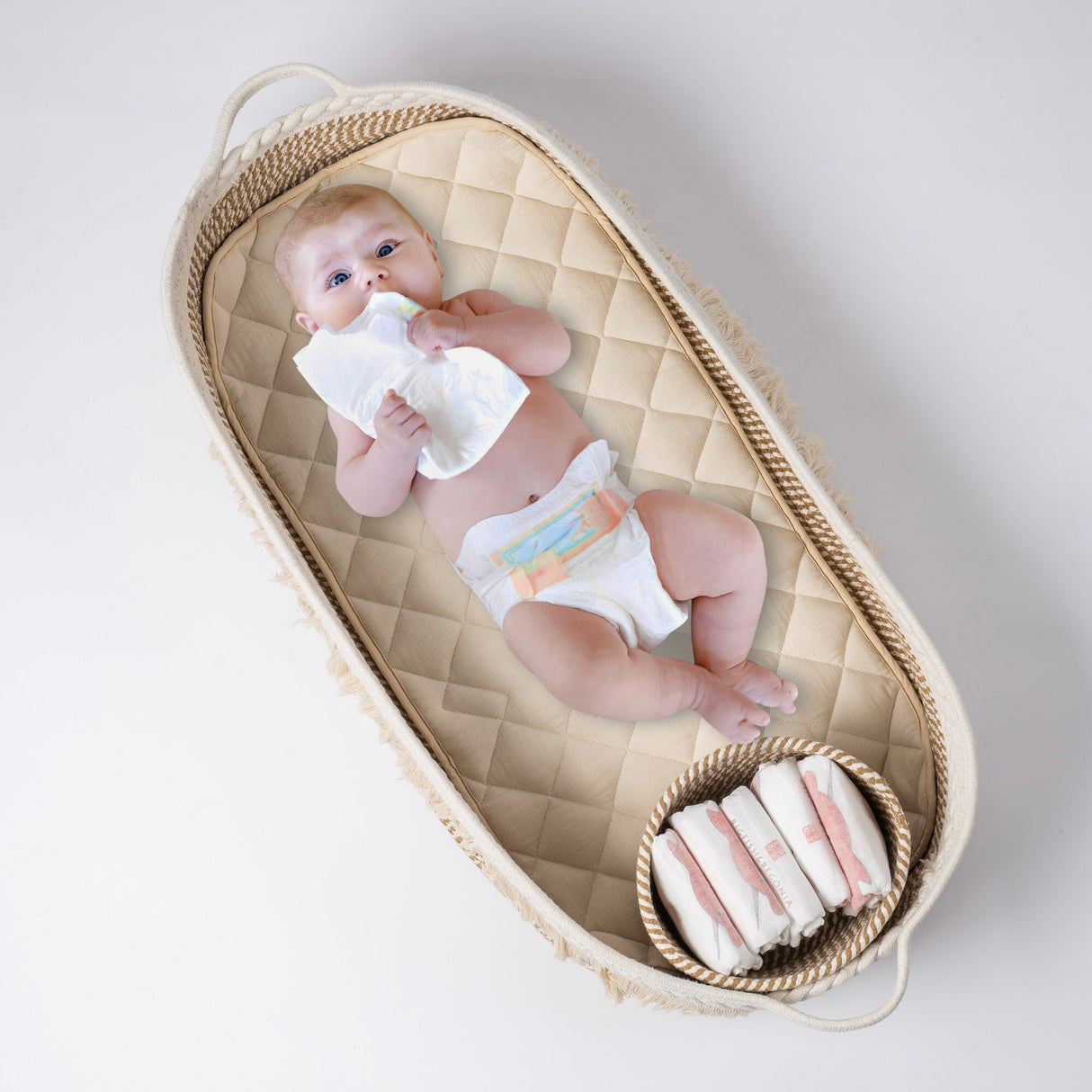 Baby Changing Basket, Handmade Woven Cotton Rope Moses Basket, Changing Table Topper with Mattress Pad