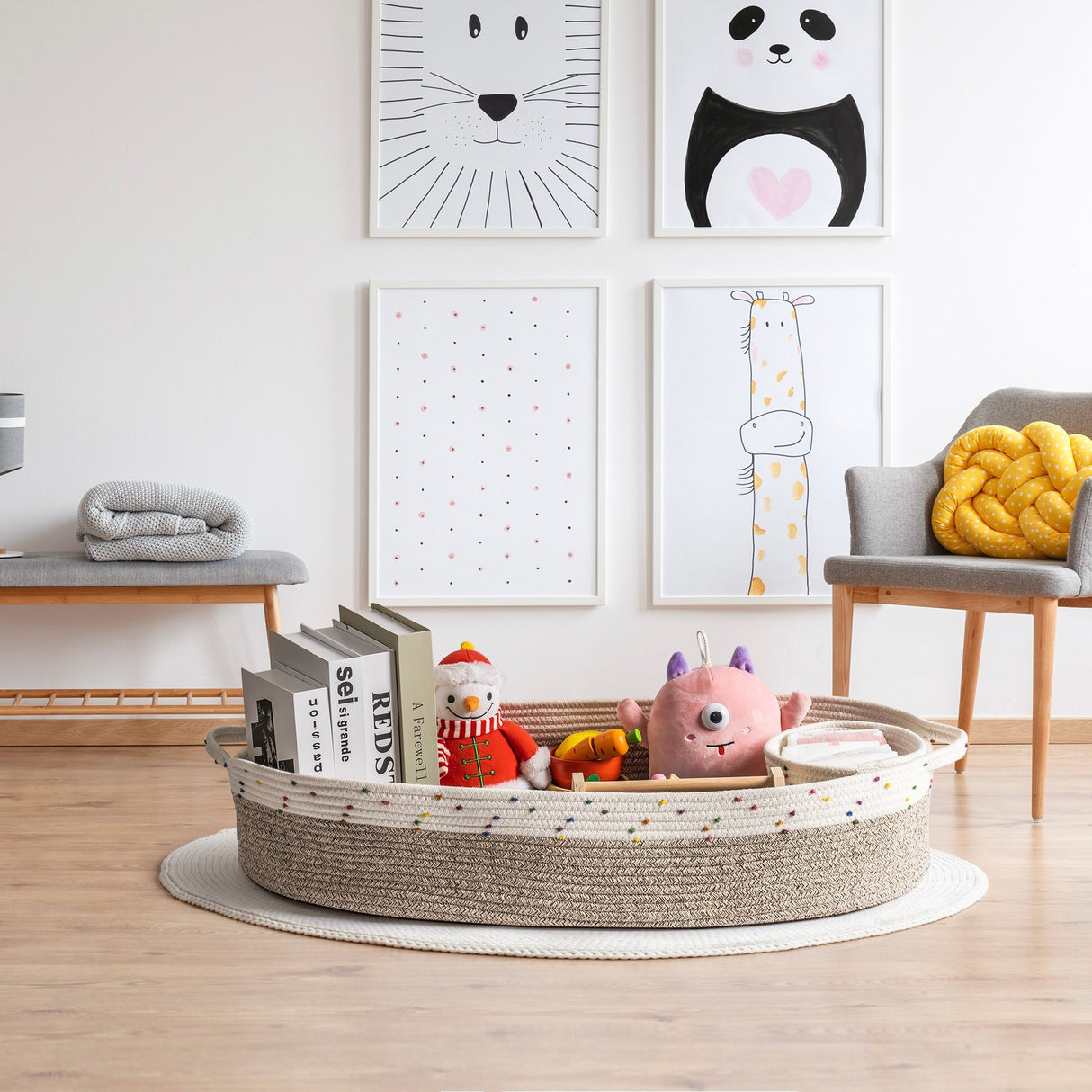 Baby Changing Basket, Handmade Woven Cotton Rope Moses Basket, Changing Table Topper with Mattress Pad