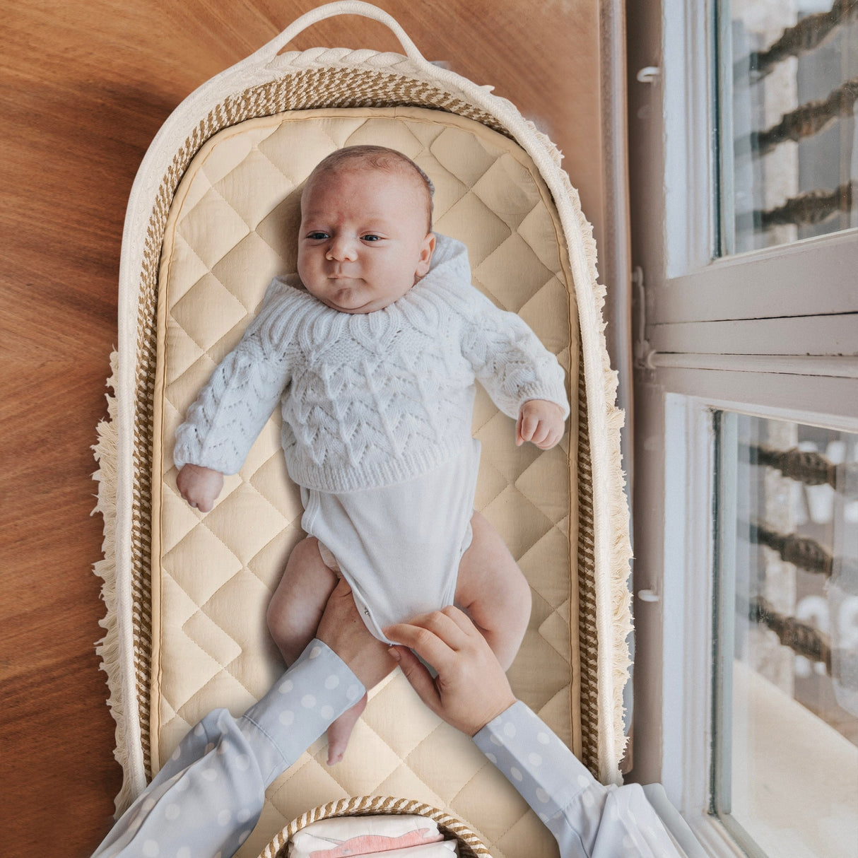 Baby Changing Basket, Handmade Woven Cotton Rope Moses Basket, Changing Table Topper with Mattress Pad