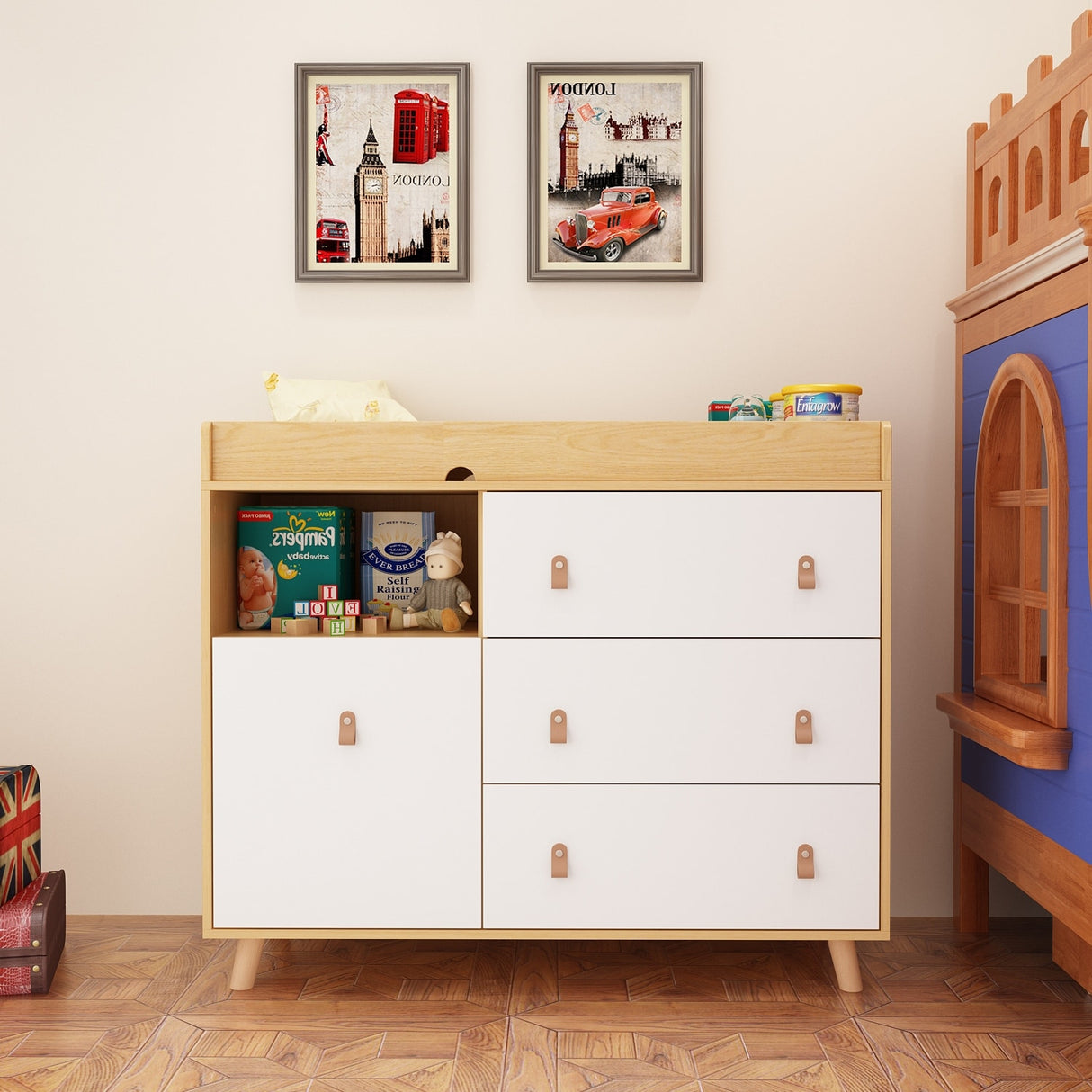 Baby Changing Table Dresser with 4 Drawers,Shelf Hidden Trash Storage