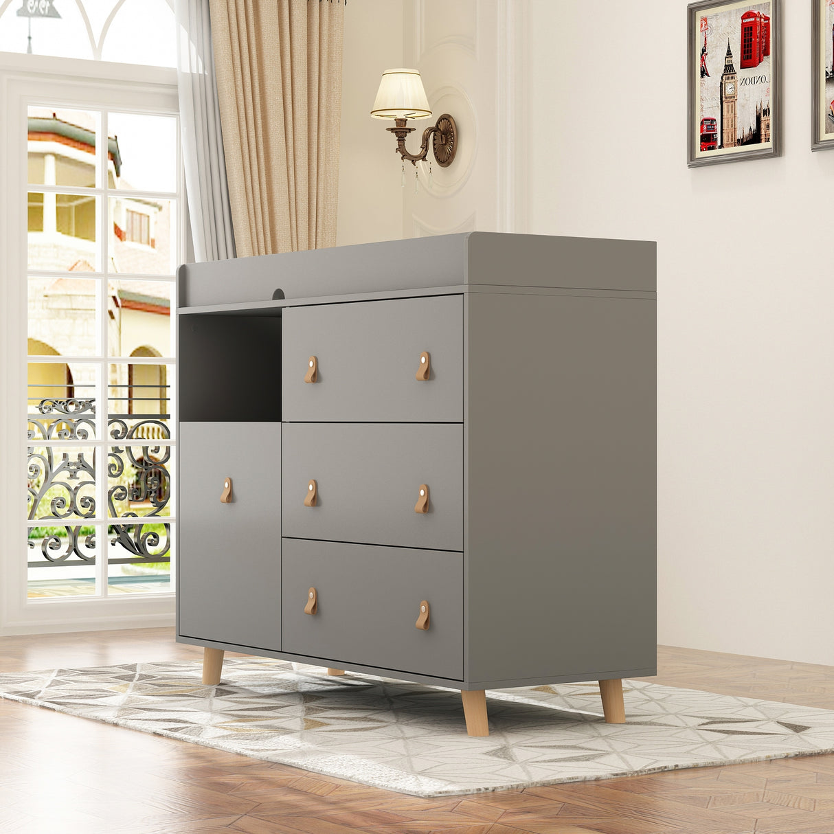 Baby Changing Table Dresser with 4 Drawers,Shelf Hidden Trash Storage