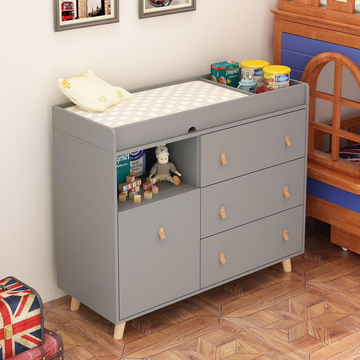 Baby Changing Table Dresser with 4 Drawers,Shelf Hidden Trash Storage