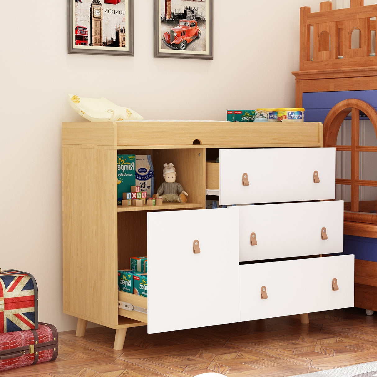 Baby Changing Table Dresser with 4 Drawers,Shelf Hidden Trash Storage