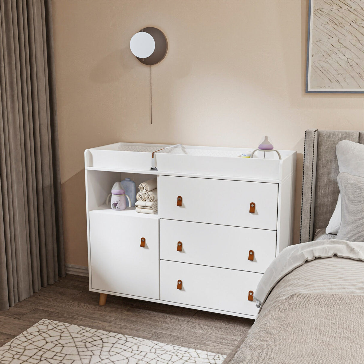 Baby Changing Table Dresser with 4 Drawers,Shelf Hidden Trash Storage