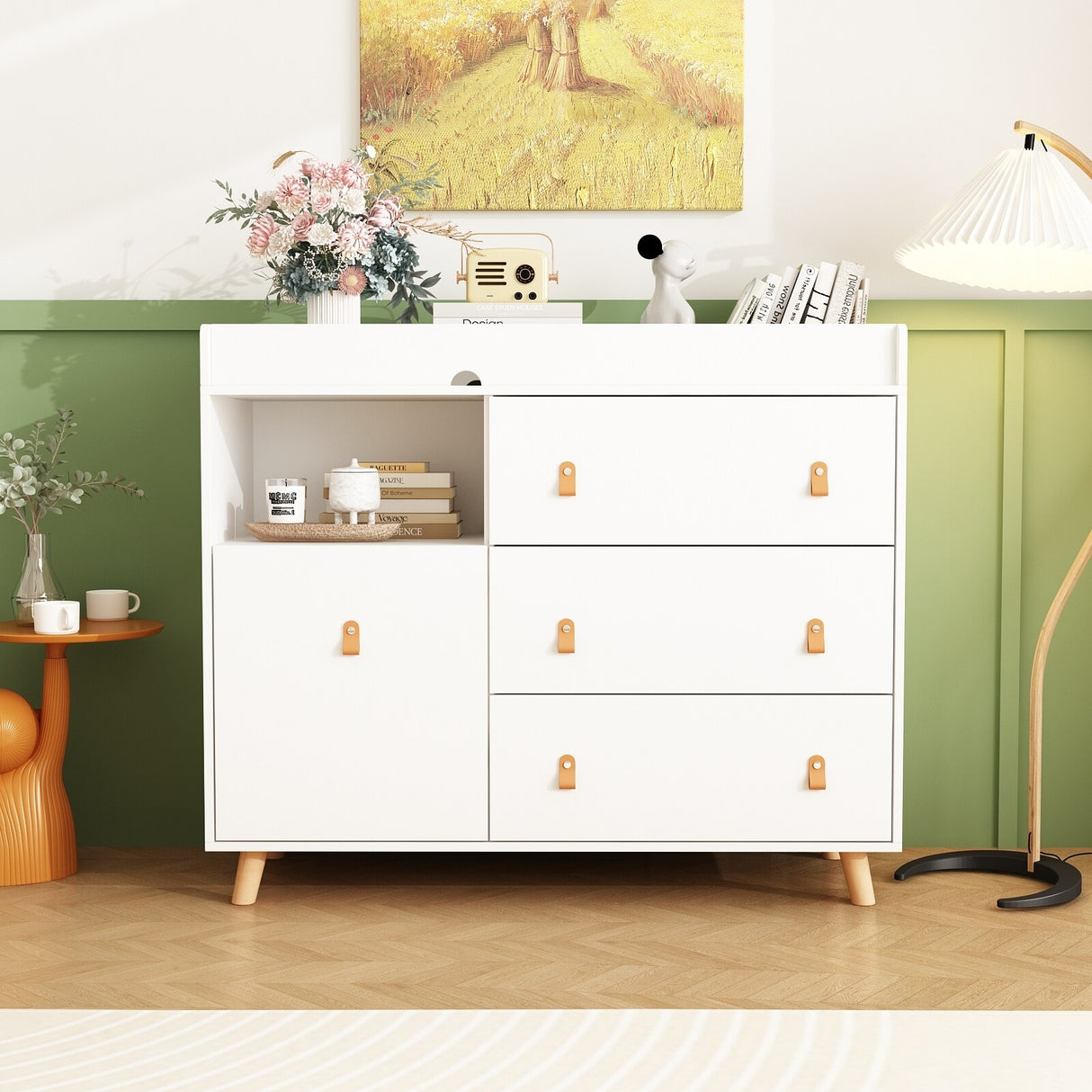 Baby Changing Table Dresser with 4 Drawers,Shelf Hidden Trash Storage