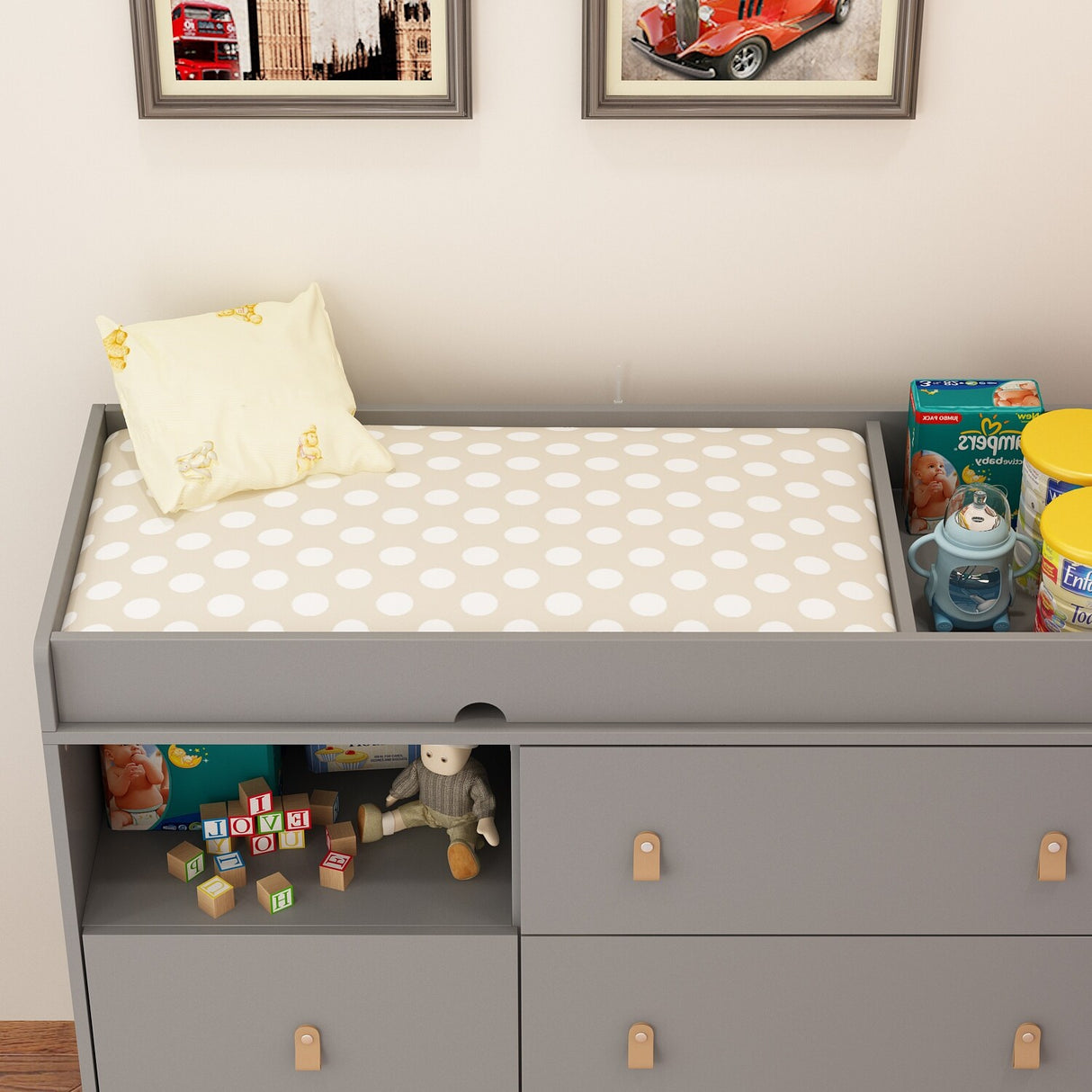 Baby Changing Table Dresser with 4 Drawers,Shelf Hidden Trash Storage