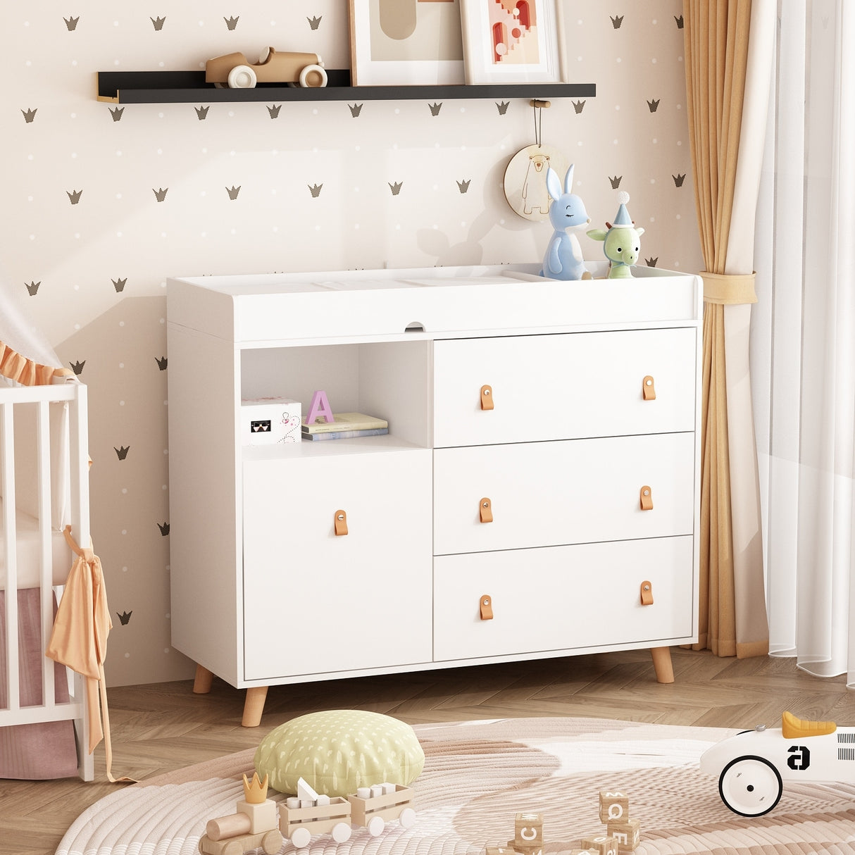 Baby Changing Table Dresser with 4 Drawers,Shelf Hidden Trash Storage