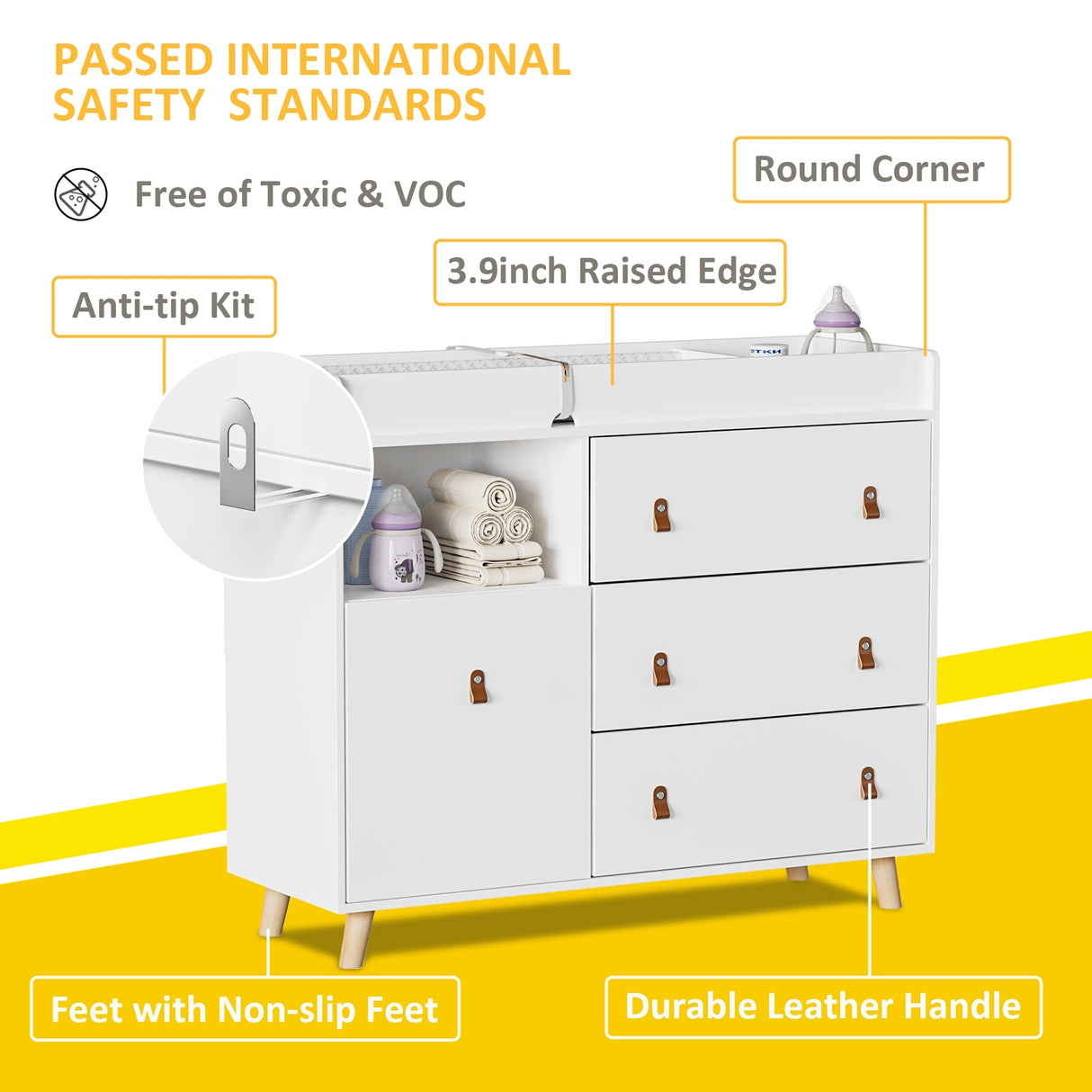 Baby Changing Table Dresser with 4 Drawers,Shelf Hidden Trash Storage