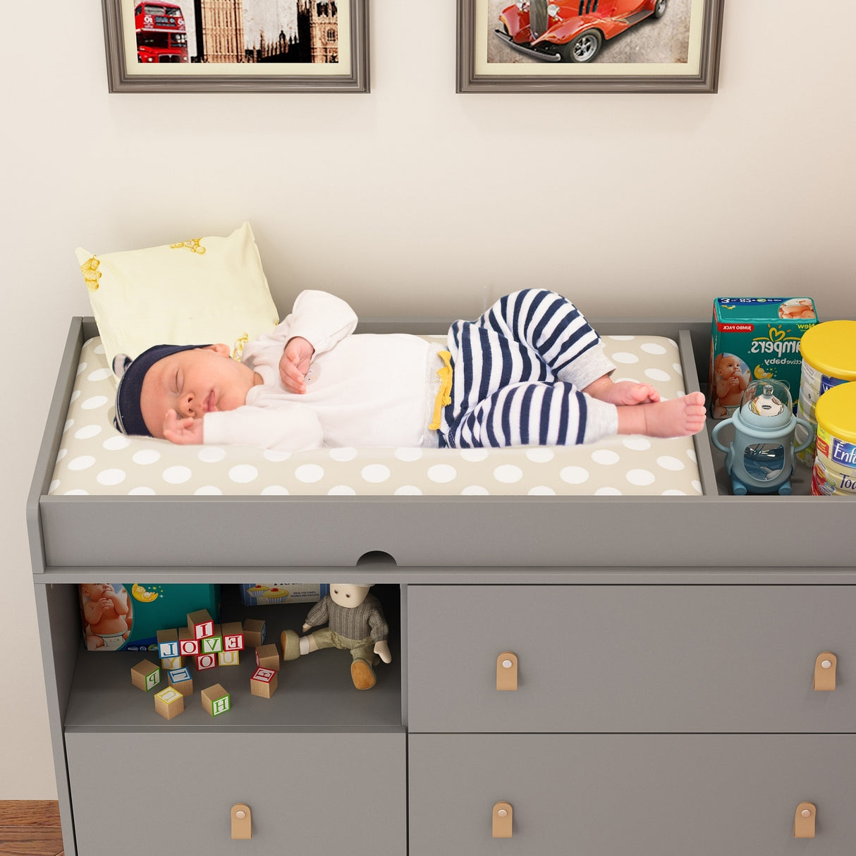 Baby Changing Table Dresser with 4 Drawers,Shelf Hidden Trash Storage