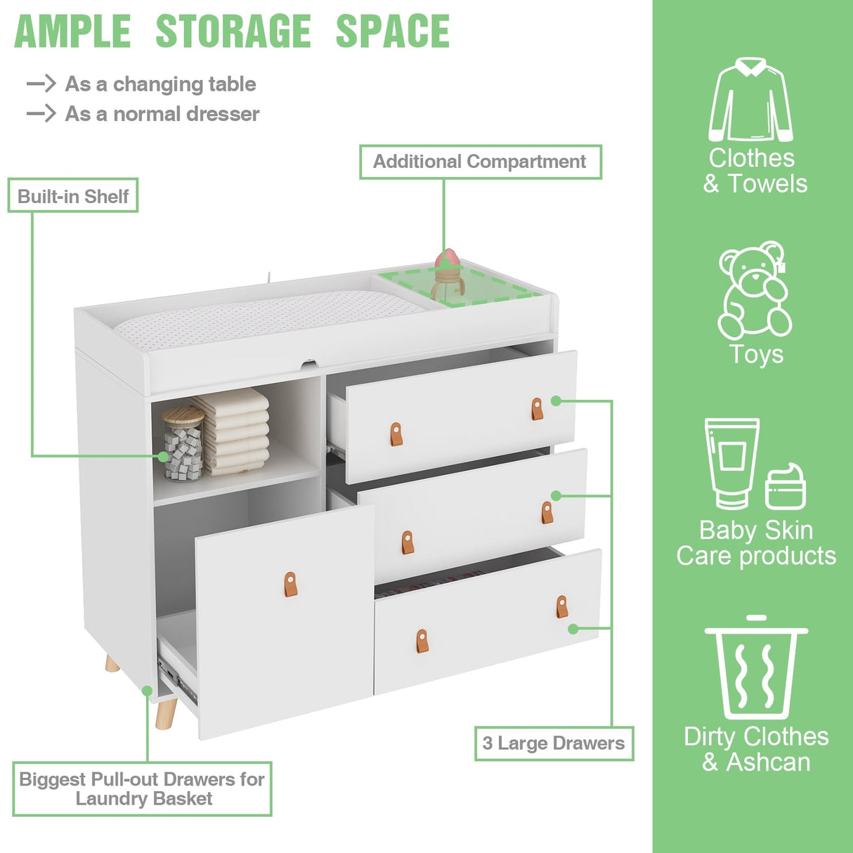 Baby Changing Table Dresser with 4 Drawers,Shelf Hidden Trash Storage