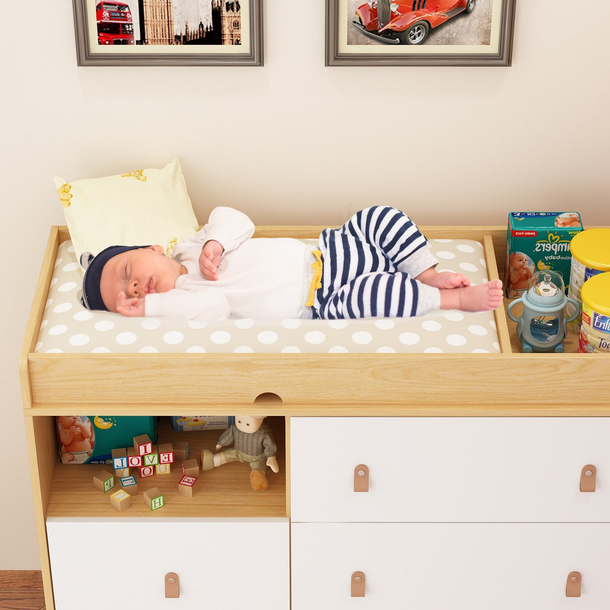 Baby Changing Table Dresser with 4 Drawers,Shelf Hidden Trash Storage
