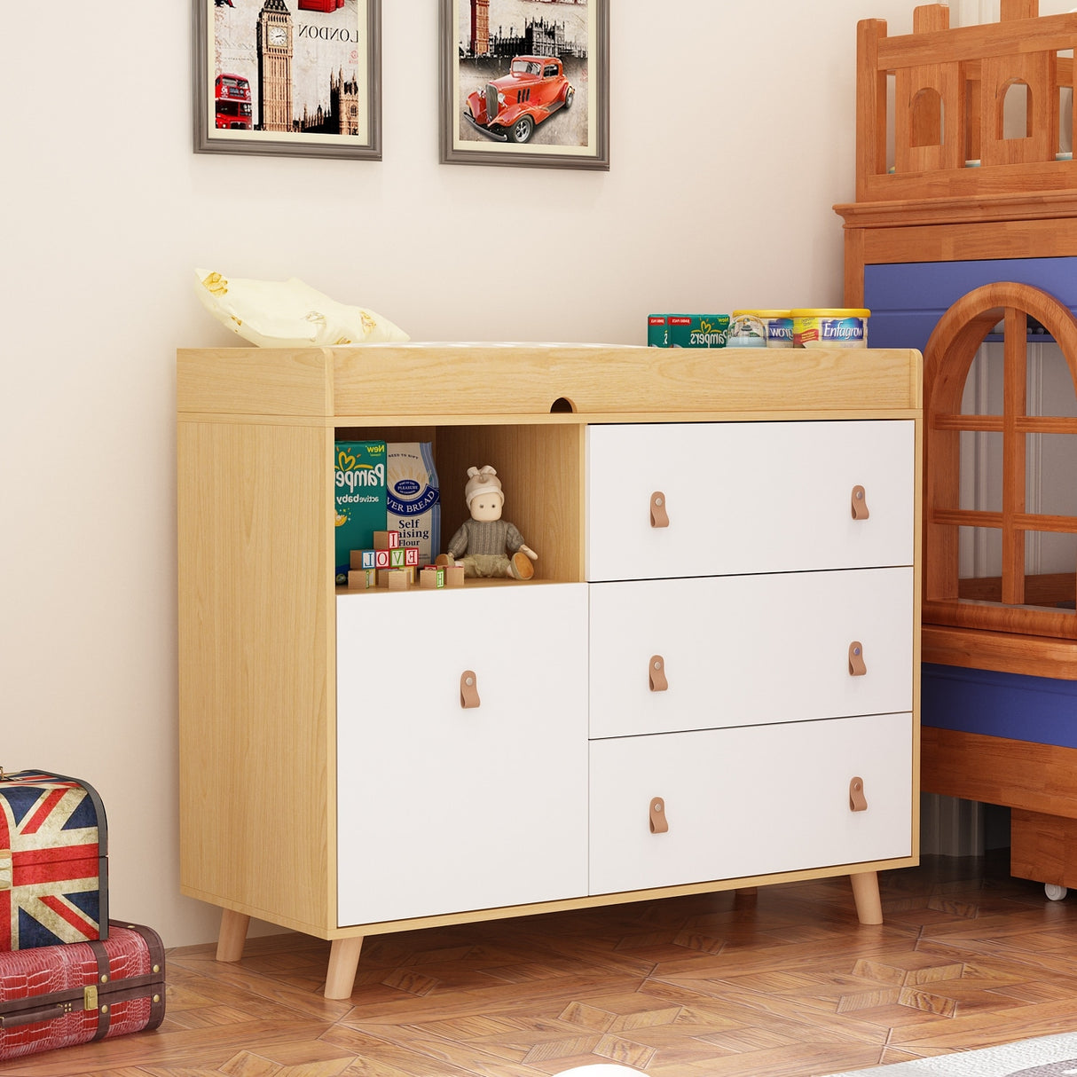 Baby Changing Table Dresser with 4 Drawers,Shelf Hidden Trash Storage