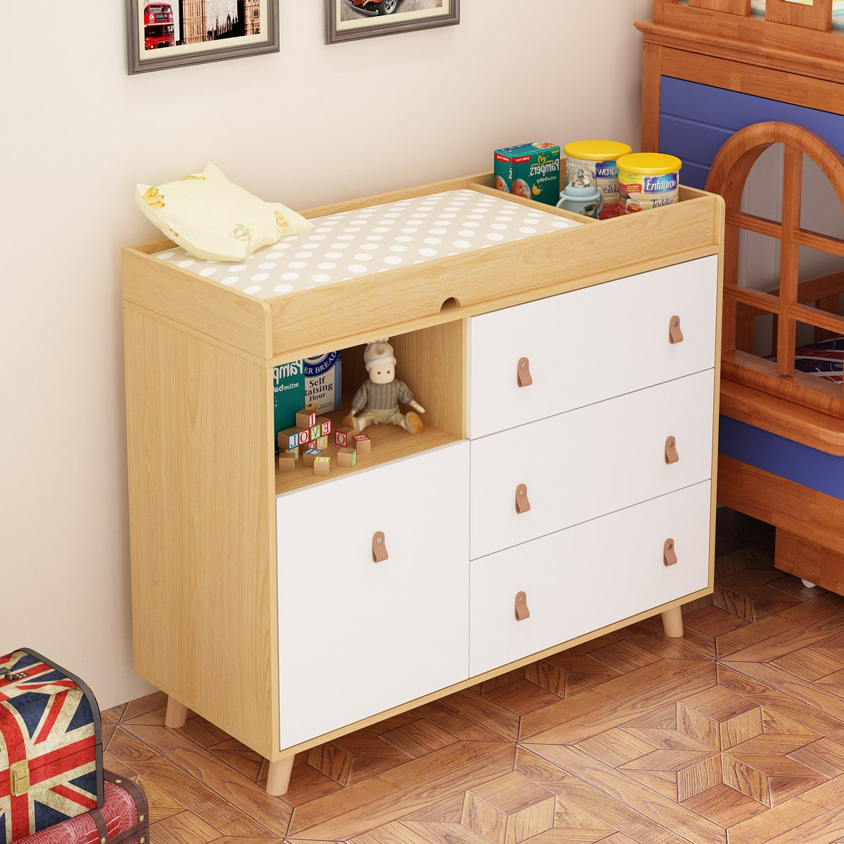 Baby Changing Table Dresser with 4 Drawers,Shelf Hidden Trash Storage