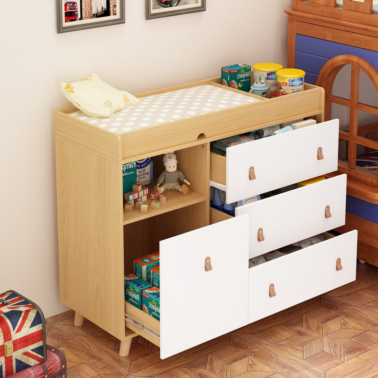 Baby Changing Table Dresser with 4 Drawers,Shelf Hidden Trash Storage