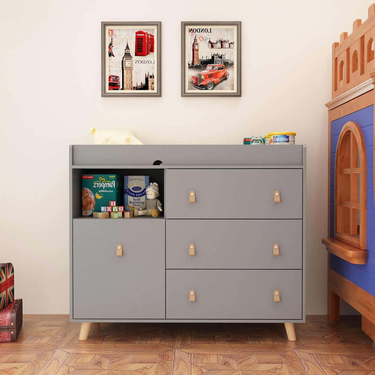 Baby Changing Table Dresser with 4 Drawers,Shelf Hidden Trash Storage