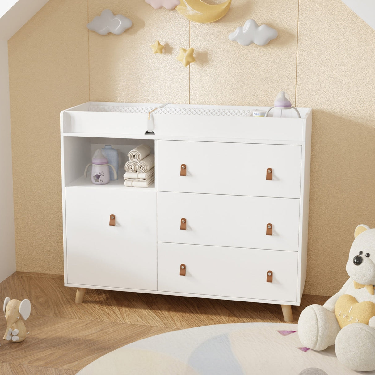 Baby Changing Table Dresser with 4 Drawers,Shelf Hidden Trash Storage