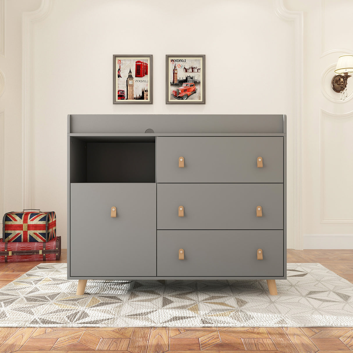 Baby Changing Table Dresser with 4 Drawers,Shelf Hidden Trash Storage