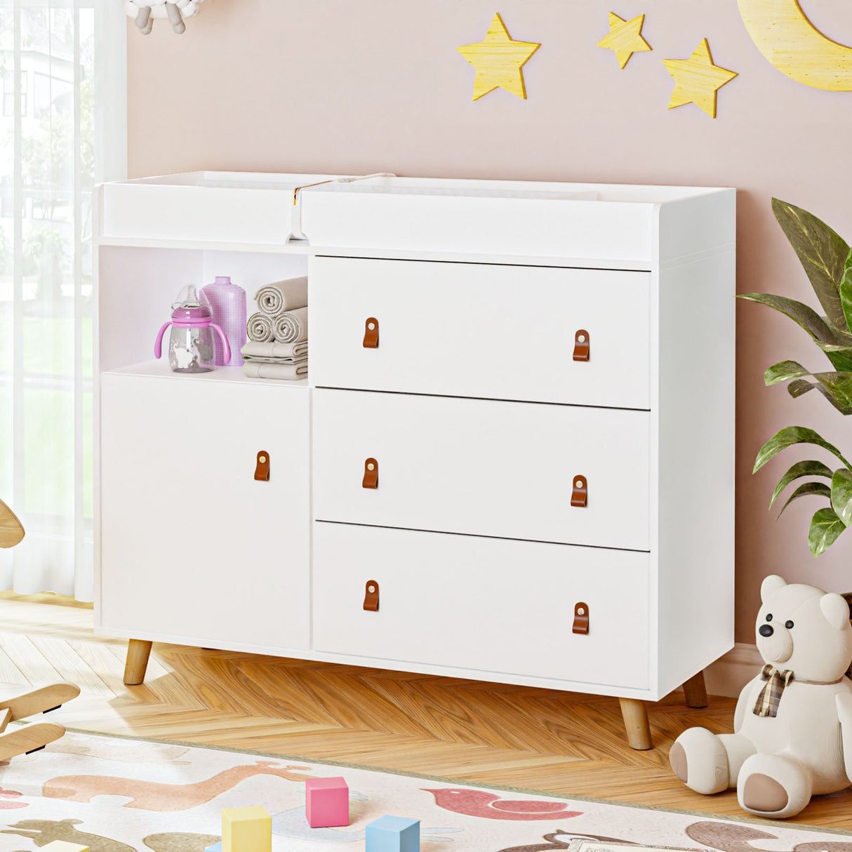 Baby Changing Table Dresser with 4 Drawers,Shelf Hidden Trash Storage
