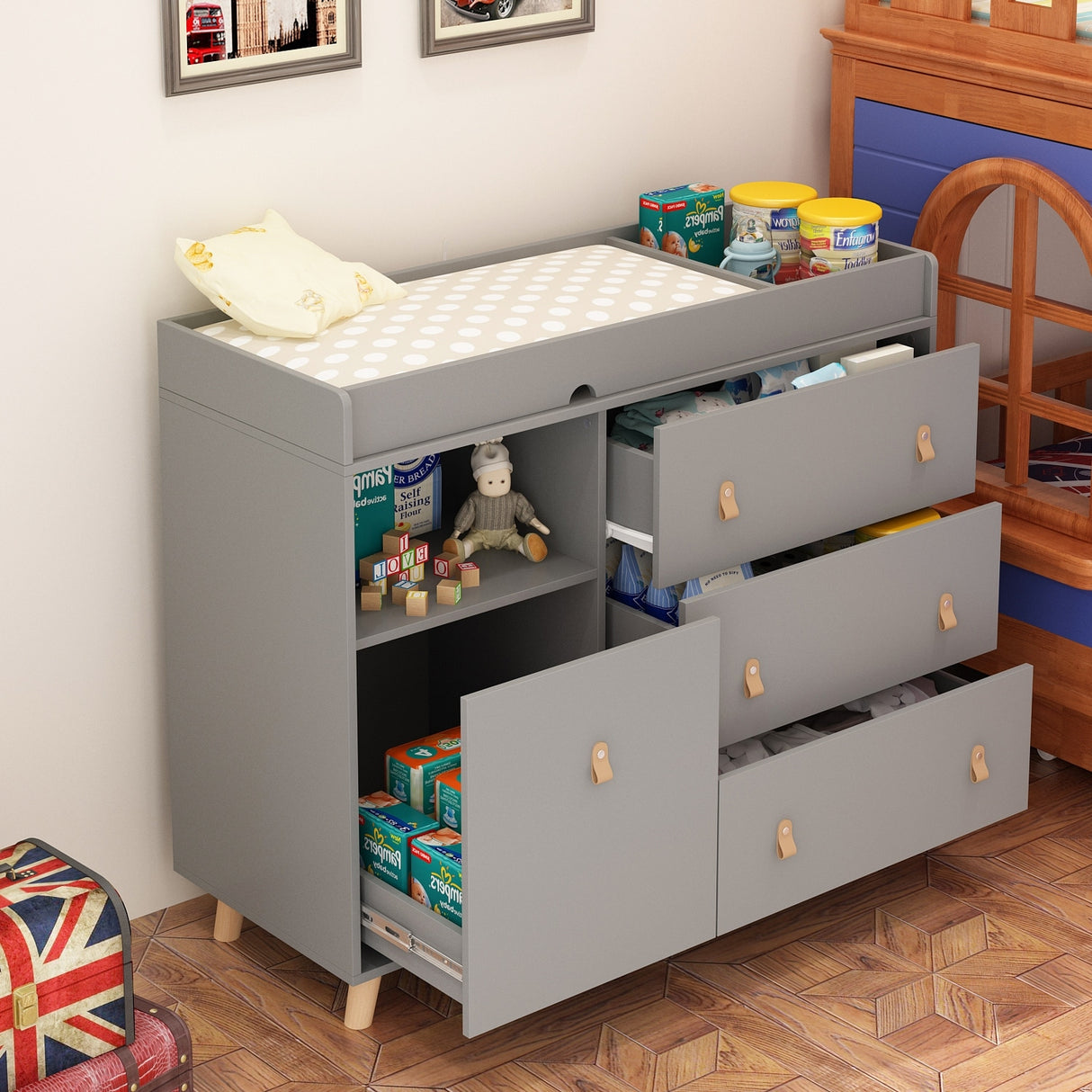 Baby Changing Table Dresser with 4 Drawers,Shelf Hidden Trash Storage