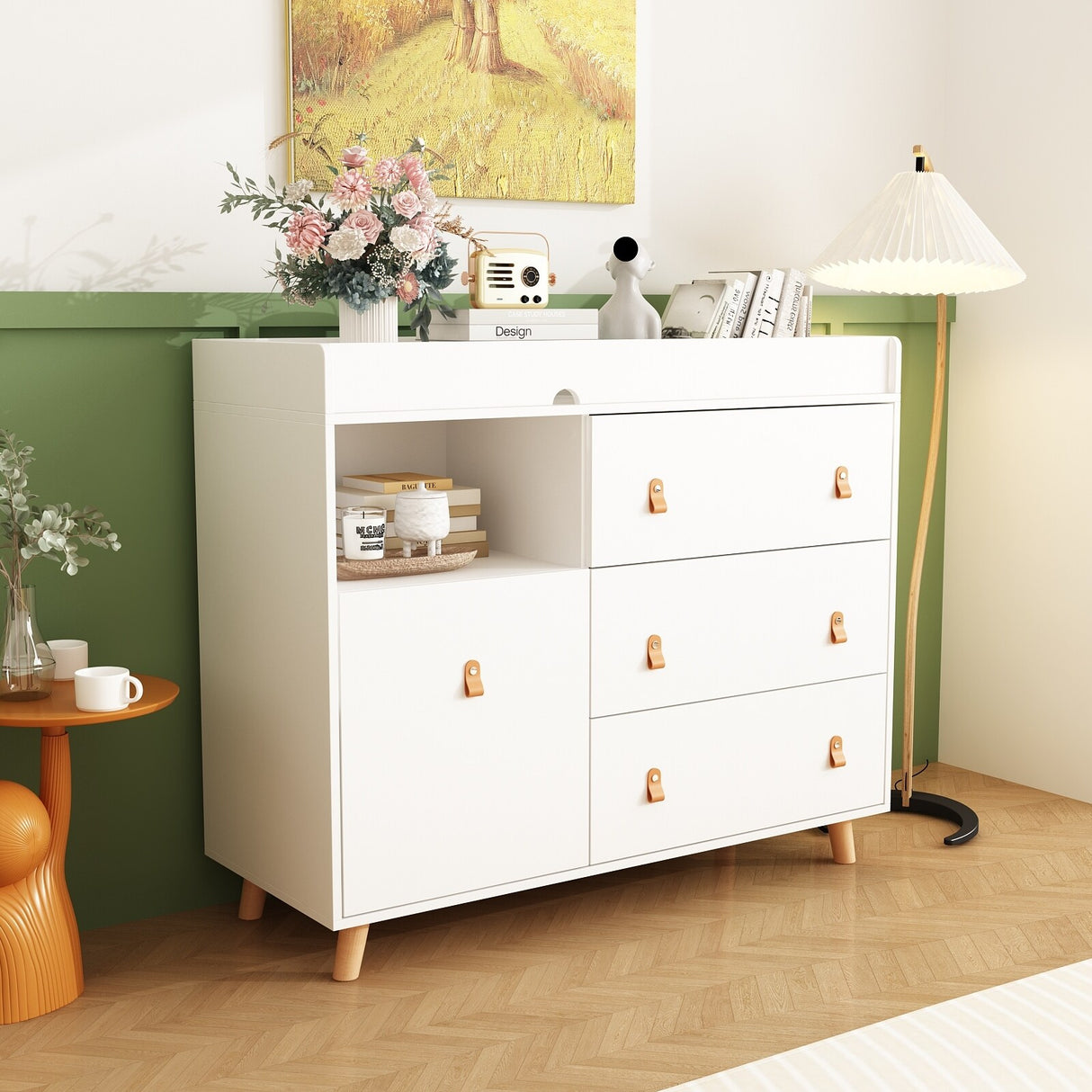 Baby Changing Table Dresser with 4 Drawers,Shelf Hidden Trash Storage