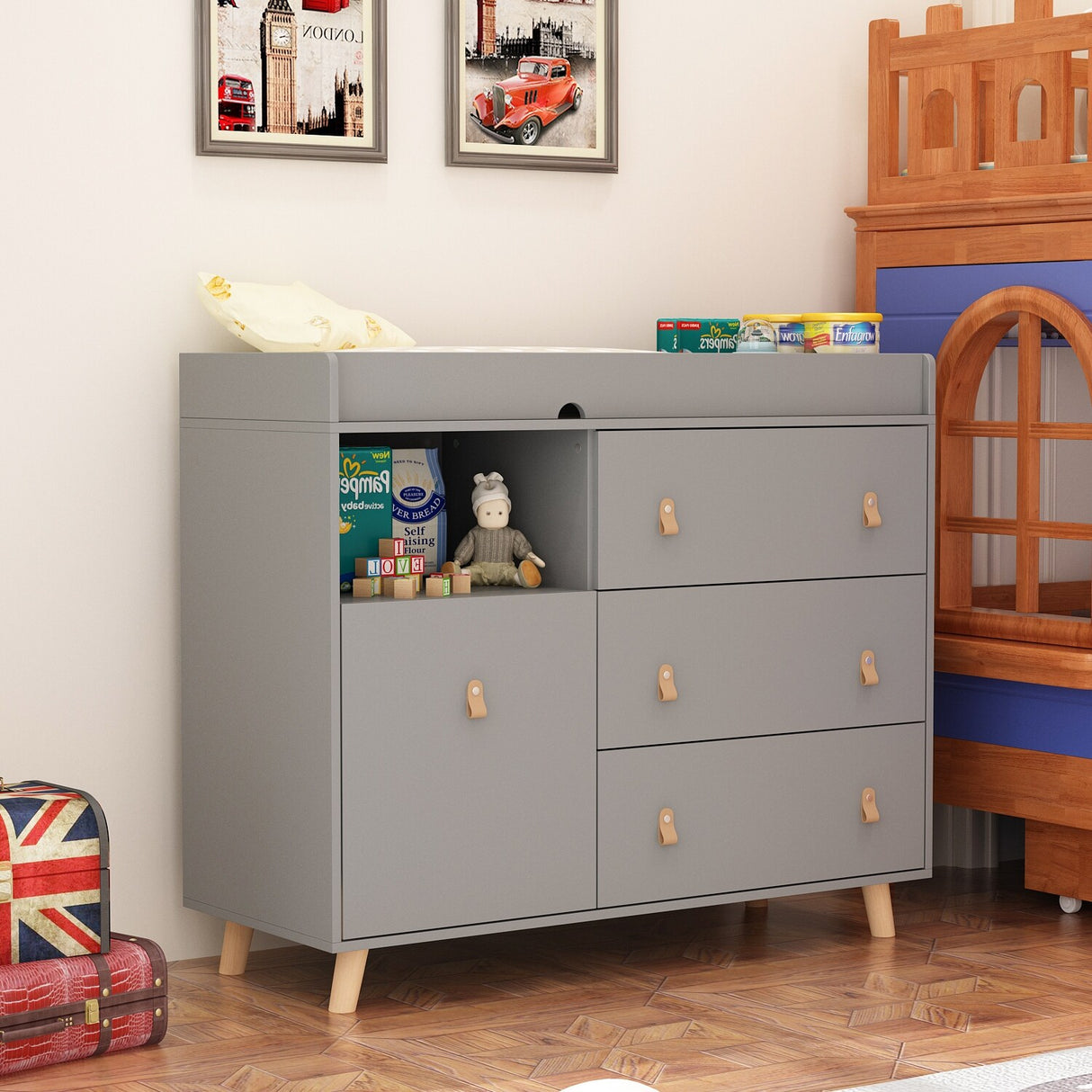 Baby Changing Table Dresser with 4 Drawers,Shelf Hidden Trash Storage