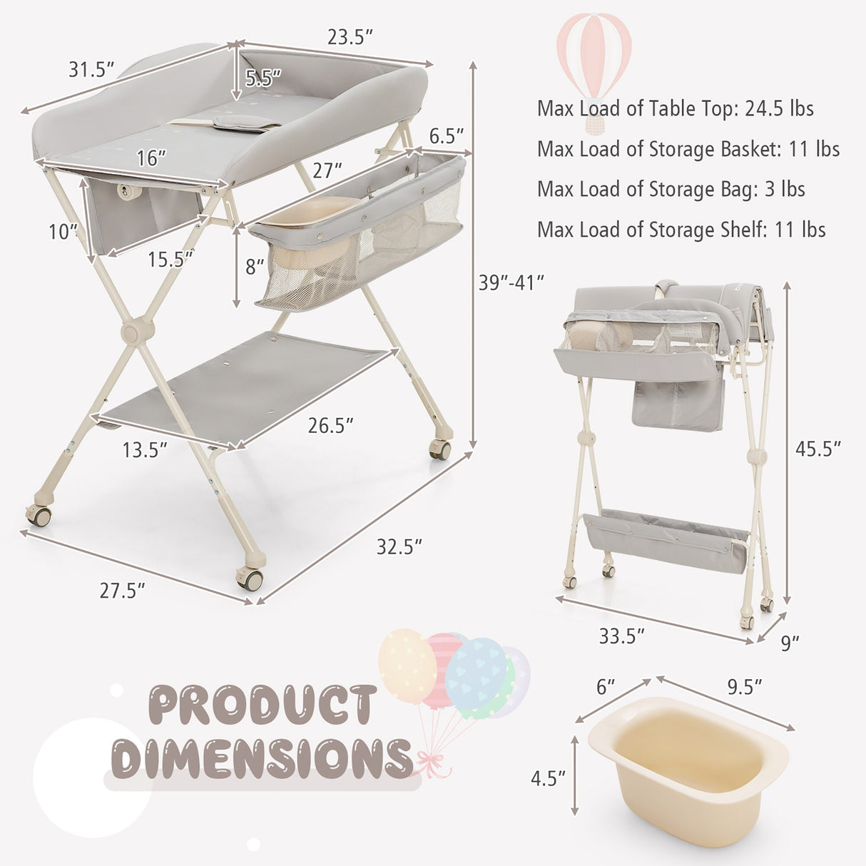 Baby Diaper Changing Table Folding Newborn Nursery Organizer W/Wheel