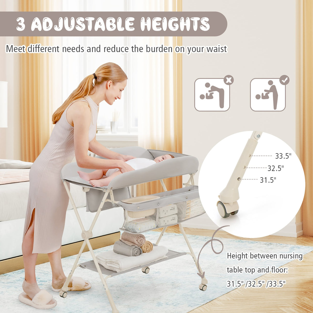 Baby Diaper Changing Table Folding Newborn Nursery Organizer W/Wheel