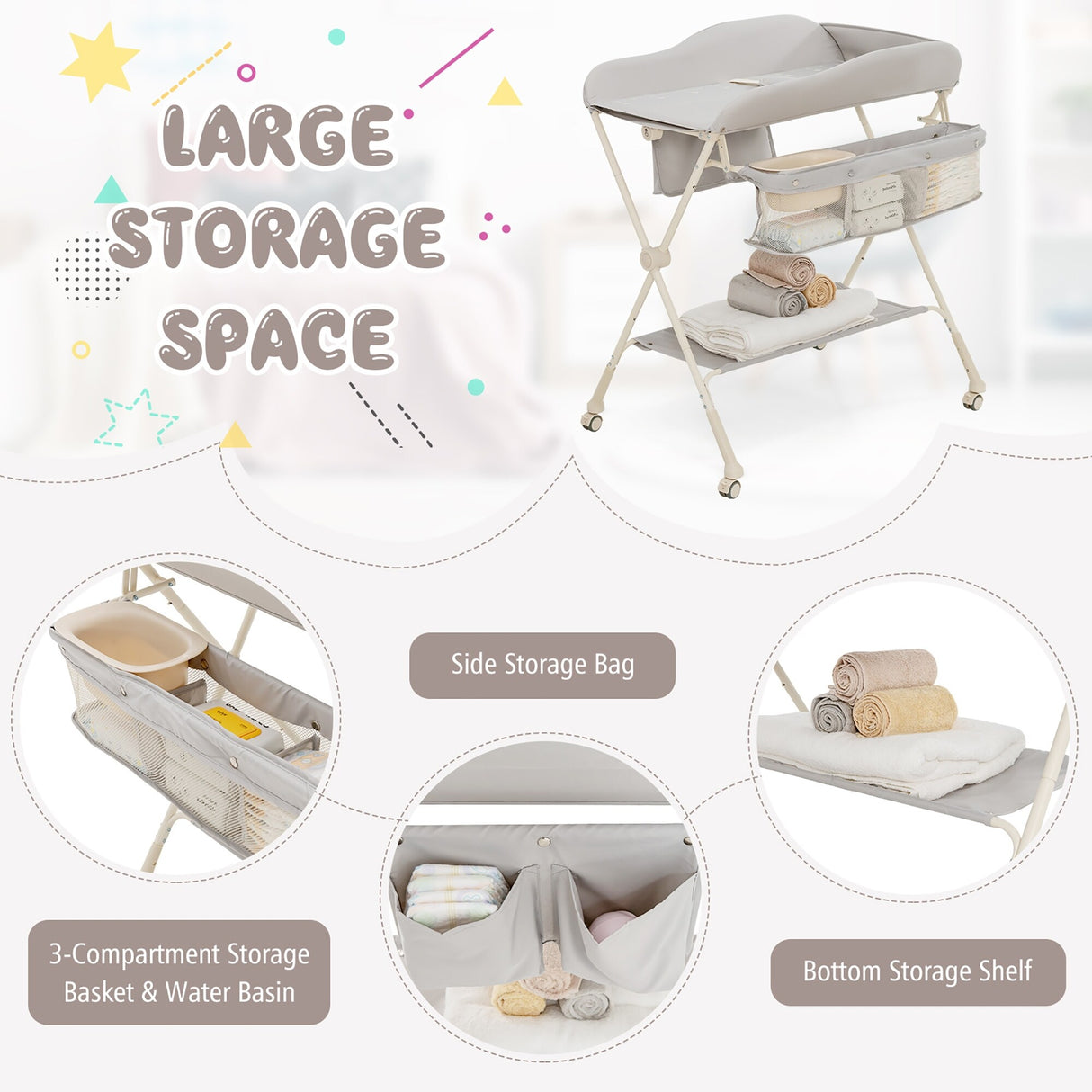 Baby Diaper Changing Table Folding Newborn Nursery Organizer W/Wheel