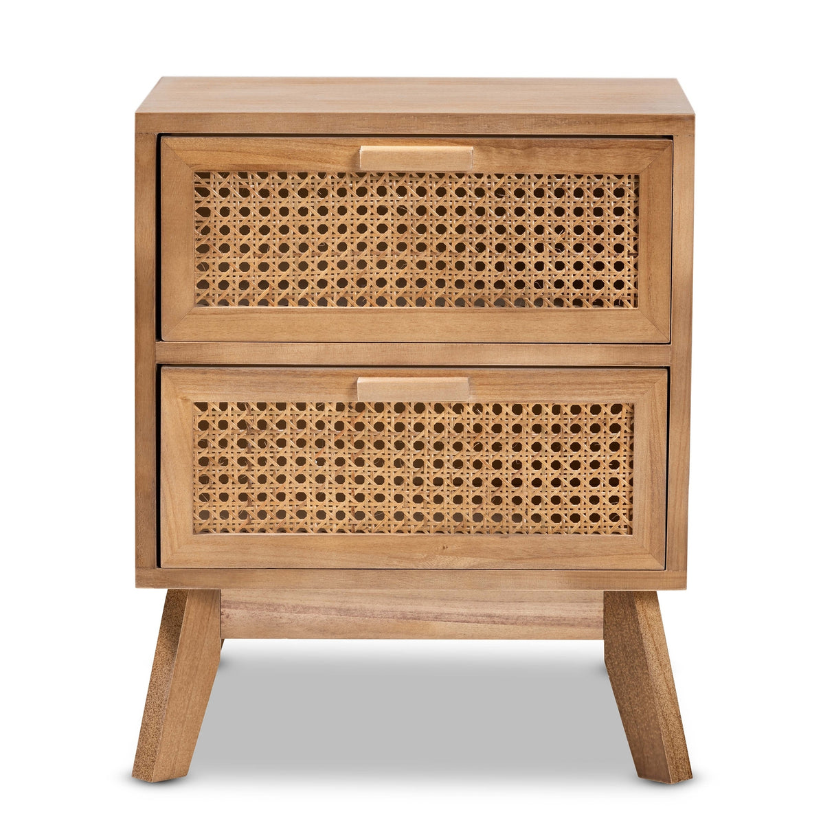 Baxton Studio Baden Mid-Century Modern Walnut Brown Finished Wood 2-Drawer End Table with Rattan