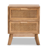 Baxton Studio Baden Mid-Century Modern Walnut Brown Finished Wood 2-Drawer End Table with Rattan