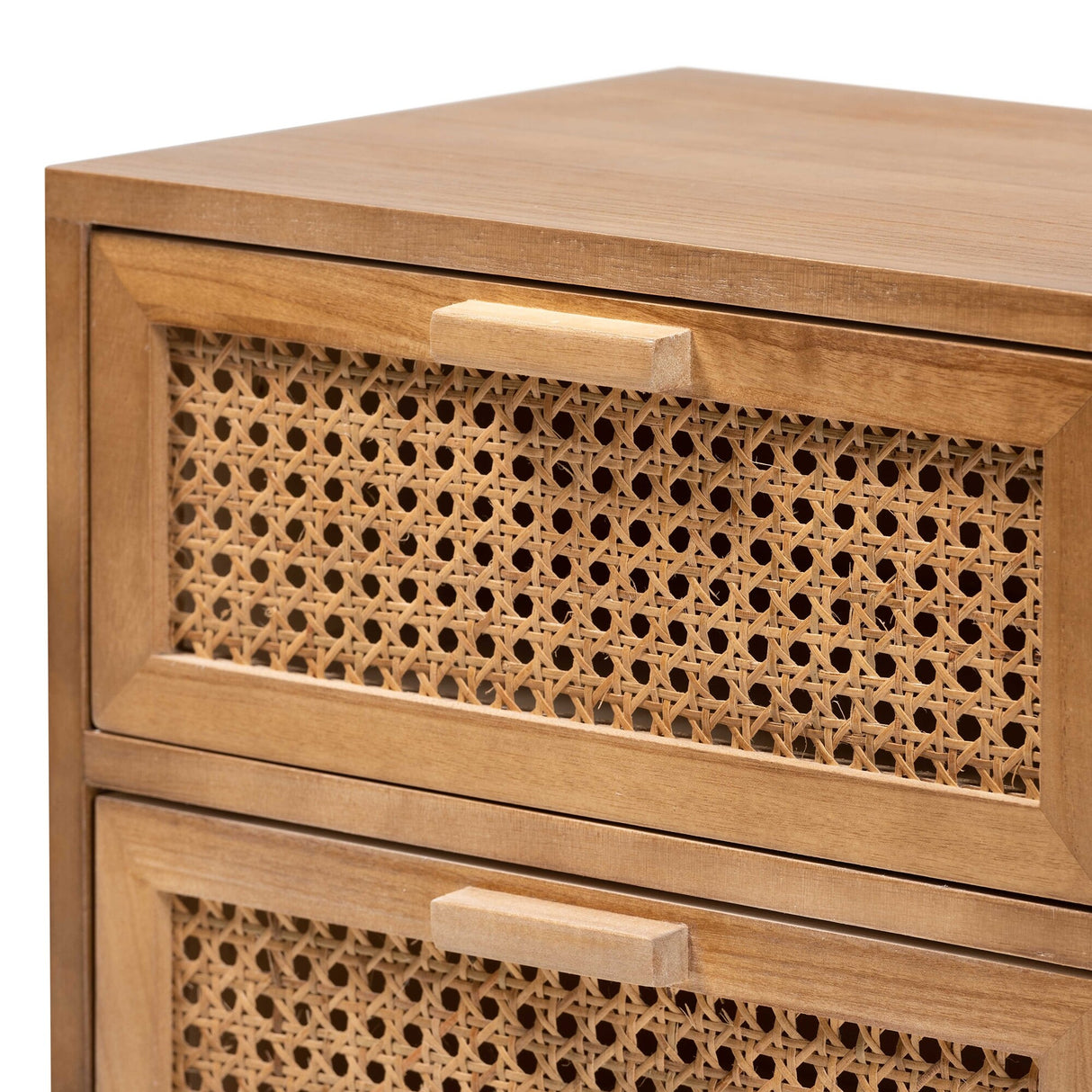 Baxton Studio Baden Mid-Century Modern Walnut Brown Finished Wood 2-Drawer End Table with Rattan