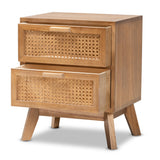 Baxton Studio Baden Mid-Century Modern Walnut Brown Finished Wood 2-Drawer End Table with Rattan