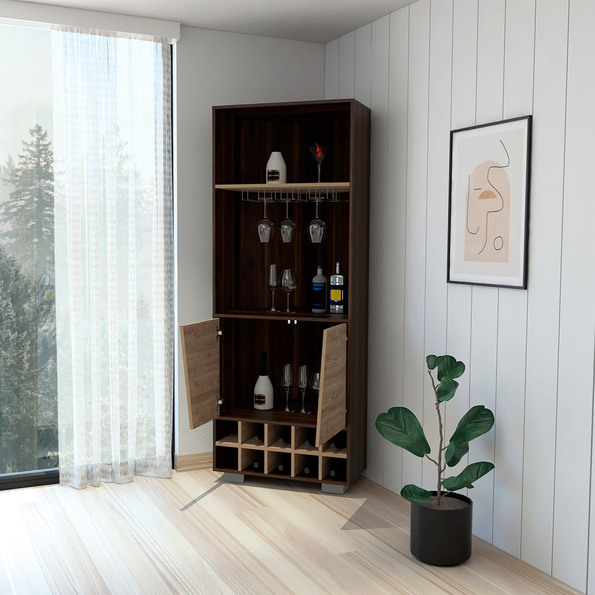 FM Furniture Bahamas Corner Bar with 10 Wine Cubbies, Double Door Cabinet, 2 Open Shelves, and Cup Rack - N/A
