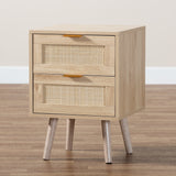 Baxton Studio Baird Mid-Century Modern Light Oak Brown Finished Wood and Rattan 2-Drawer End Table