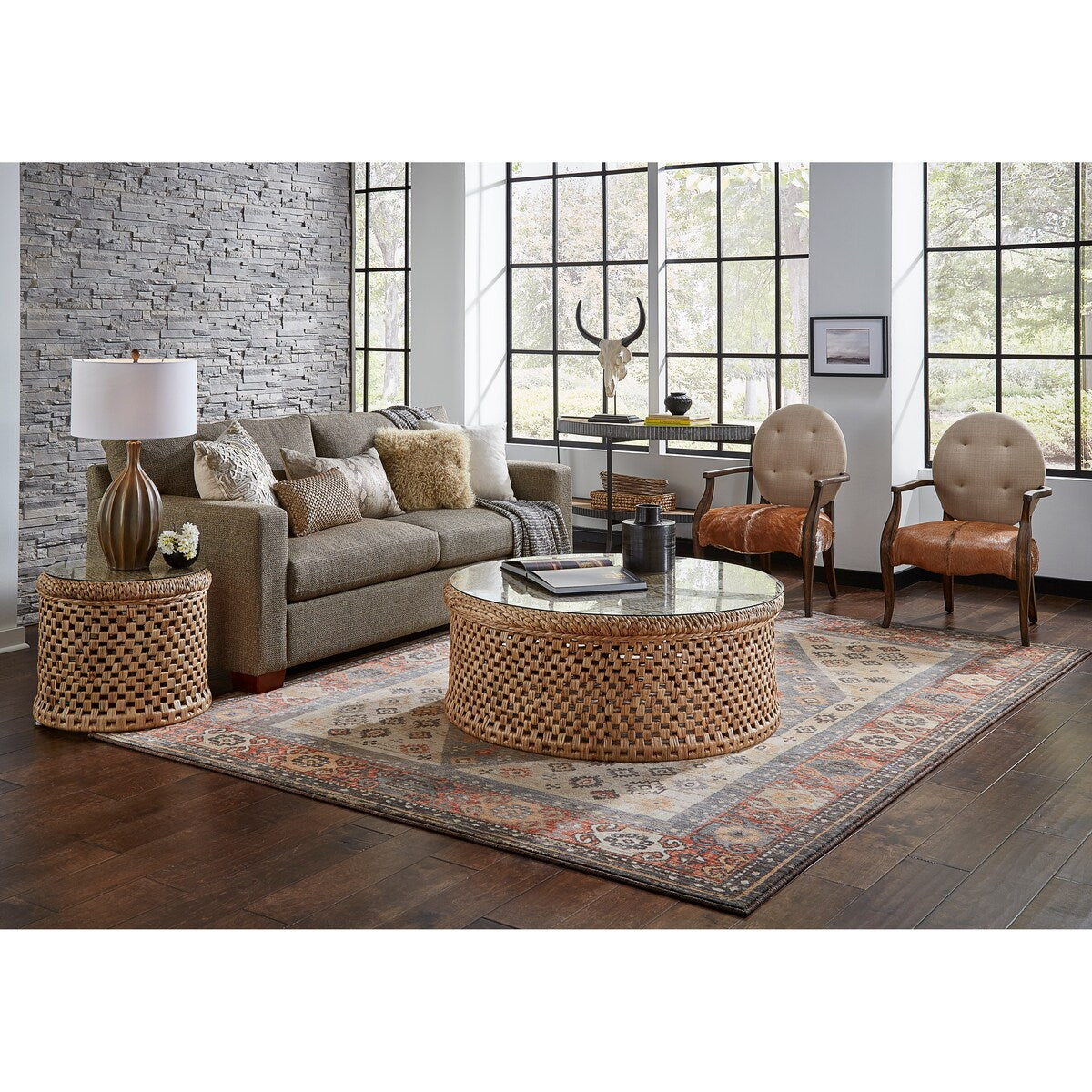 Bali Rattan Weave and Glass Cocktail or Coffee Table - 48-inch diameter