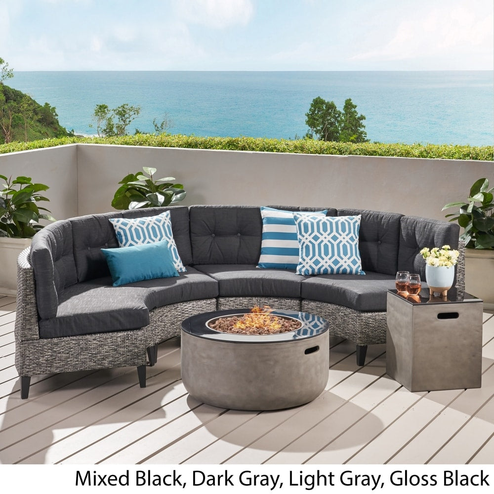 Baltaire Outdoor Round 4 Seater Wicker Sectional Set with Fire Pit and Tank Holder by Christopher Knight Home