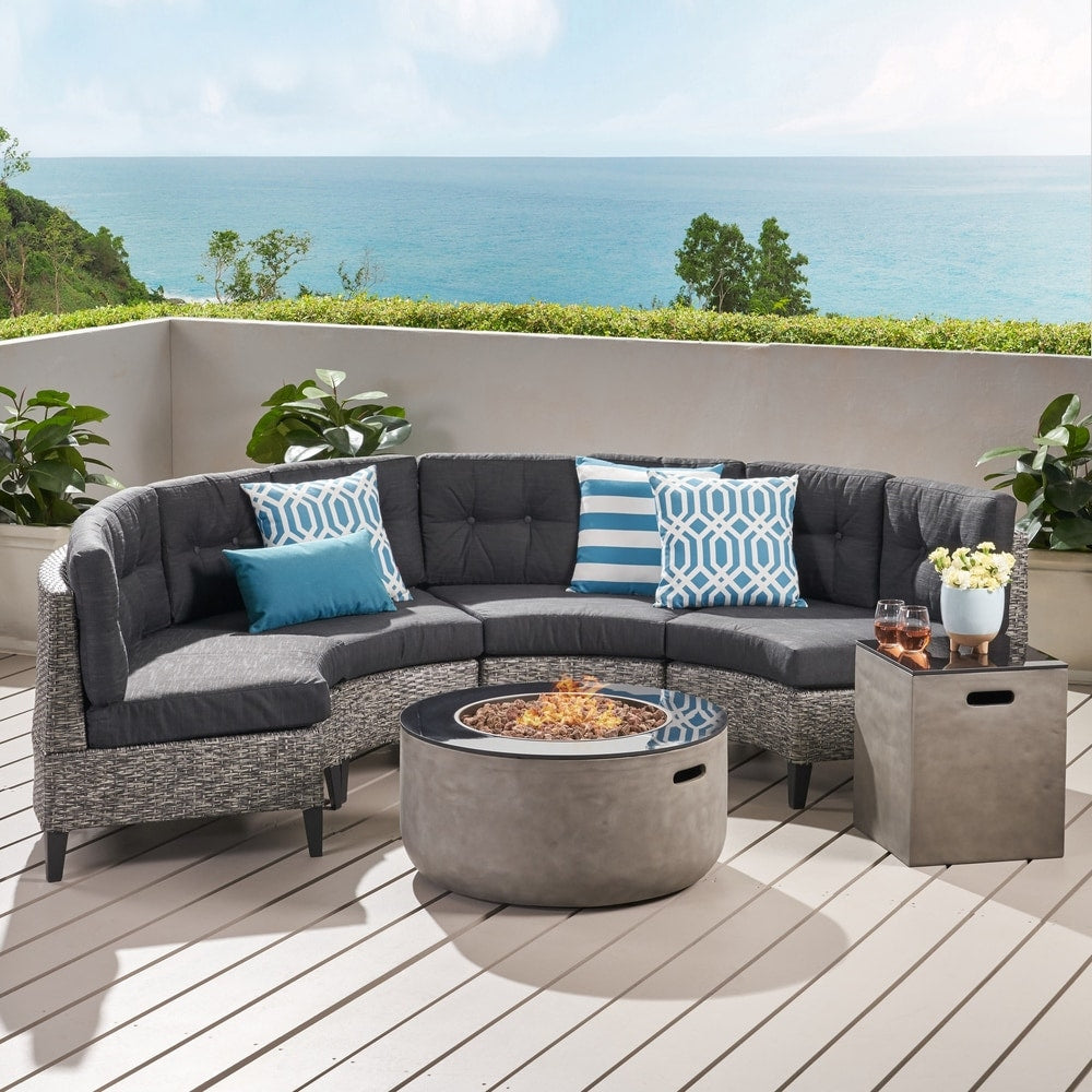 Baltaire Outdoor Round 4 Seater Wicker Sectional Set with Fire Pit and Tank Holder by Christopher Knight Home
