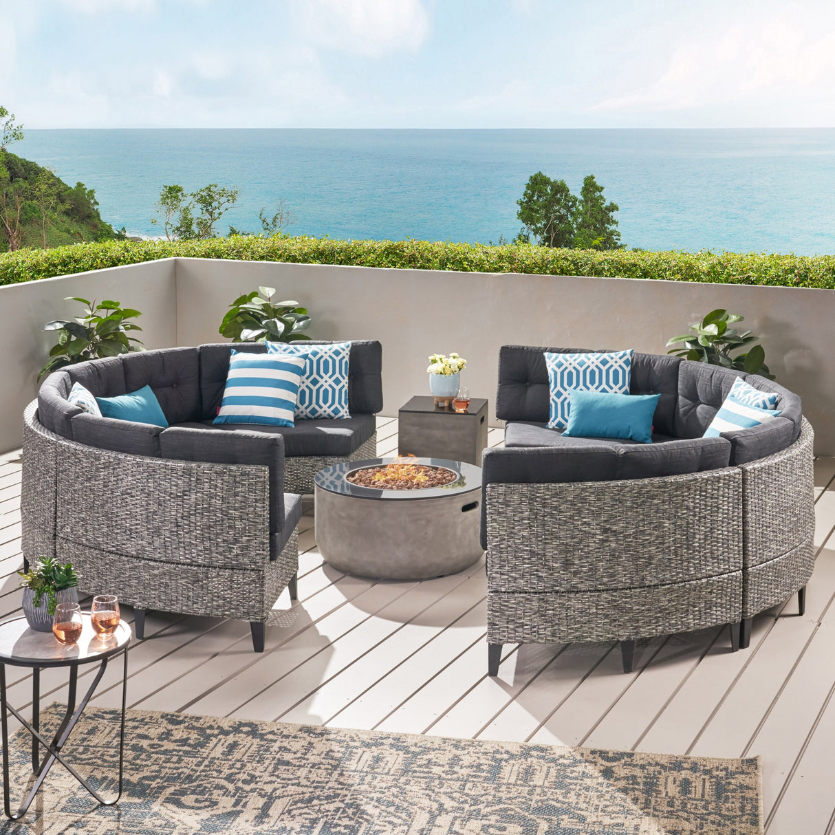 Baltaire Outdoor Round 8 Seater Wicker Sectional Set with Fire Pit and Tank Holder by Christopher Knight Home