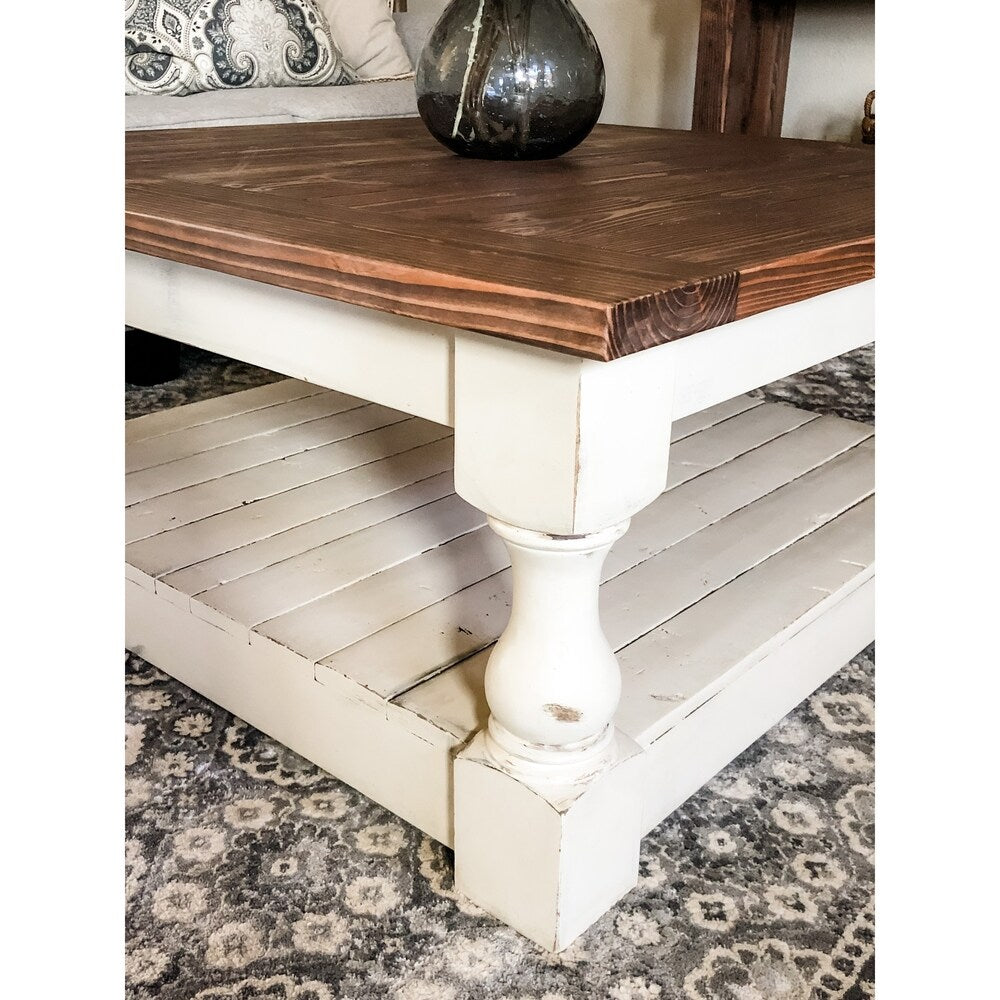 Baluster Leg Farmhouse 36 Inch Square Coffee Table With Storage Shelf