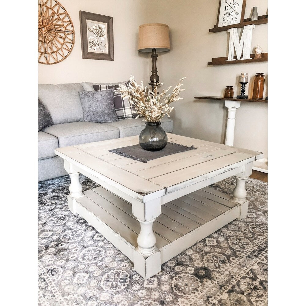 Baluster Leg Farmhouse 36 Inch Square Coffee Table With Storage Shelf