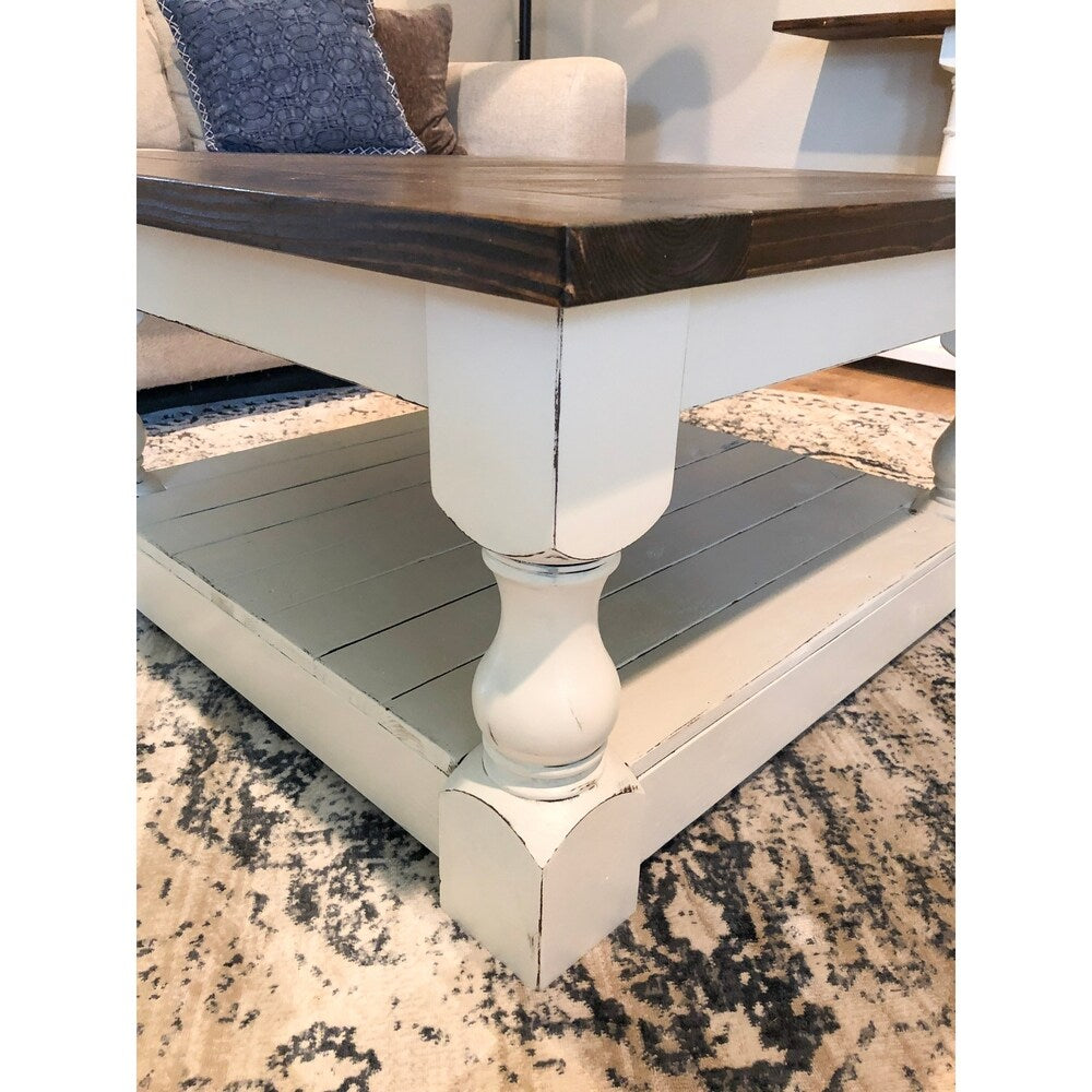 Baluster Leg Farmhouse 36 Inch Square Coffee Table With Storage Shelf