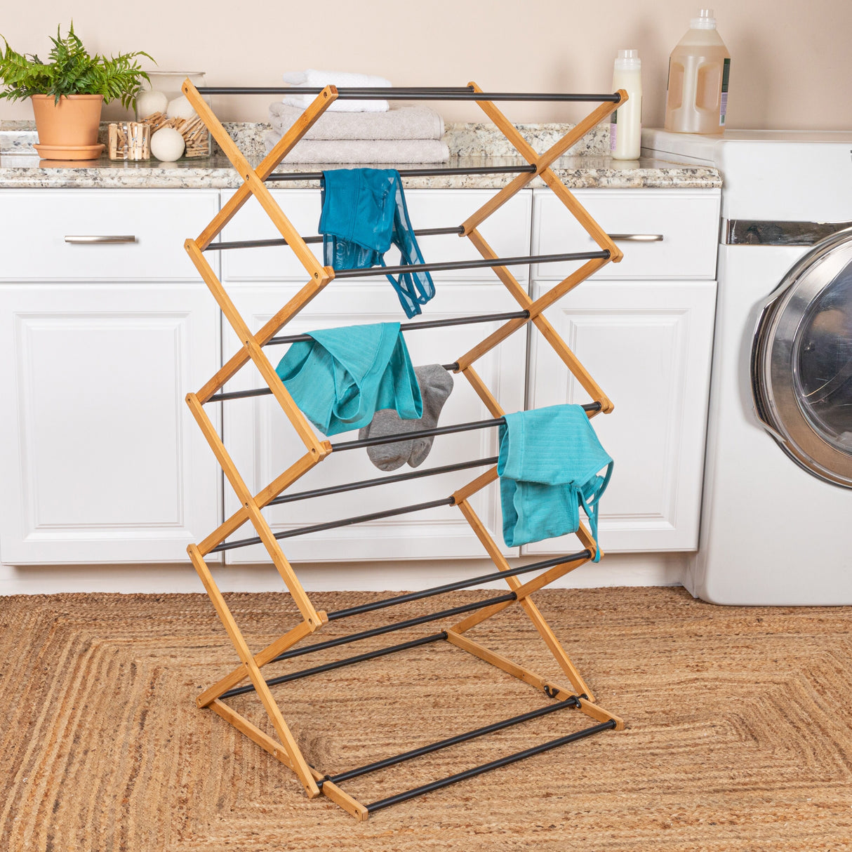 Household Essentials Bamboo Adjustable Folding Clothes Drying Rack with 16 Metal Dowels - 23.8"L x 19.3"W x 57.0"H