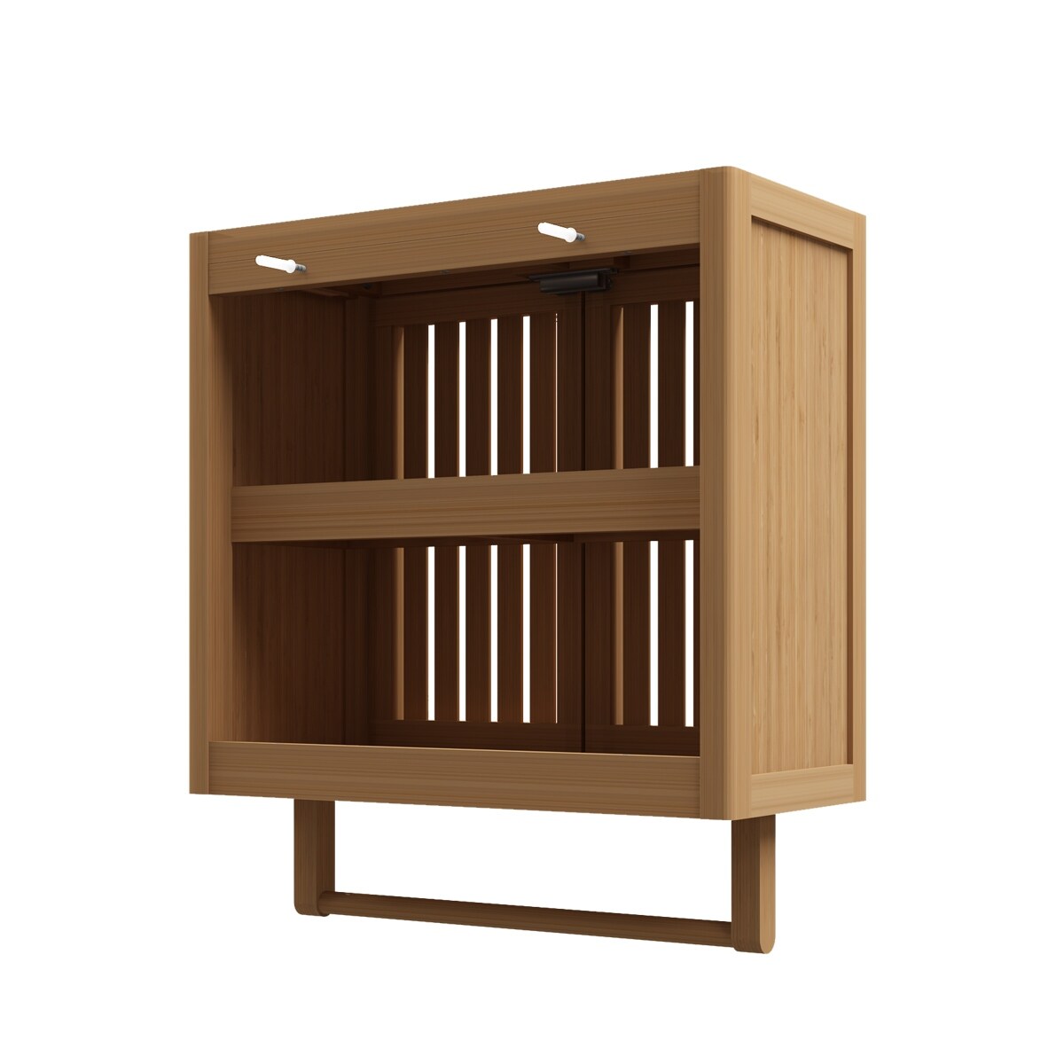 Bamboo Bathroom Wall Storage Cabinet, Small Medicine Cabinet with Slat Doors and Towel Bar - 20" x 9" x 22"