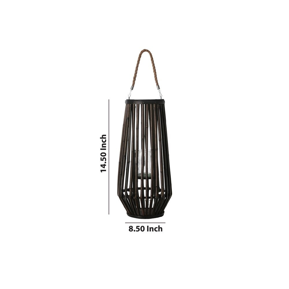 Bamboo Caged Glass Hurricane Lantern with Tapered Bottom, Small, Dark Brown