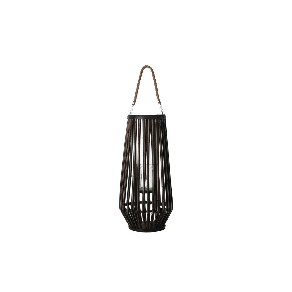 Bamboo Caged Glass Hurricane Lantern with Tapered Bottom, Small, Dark Brown