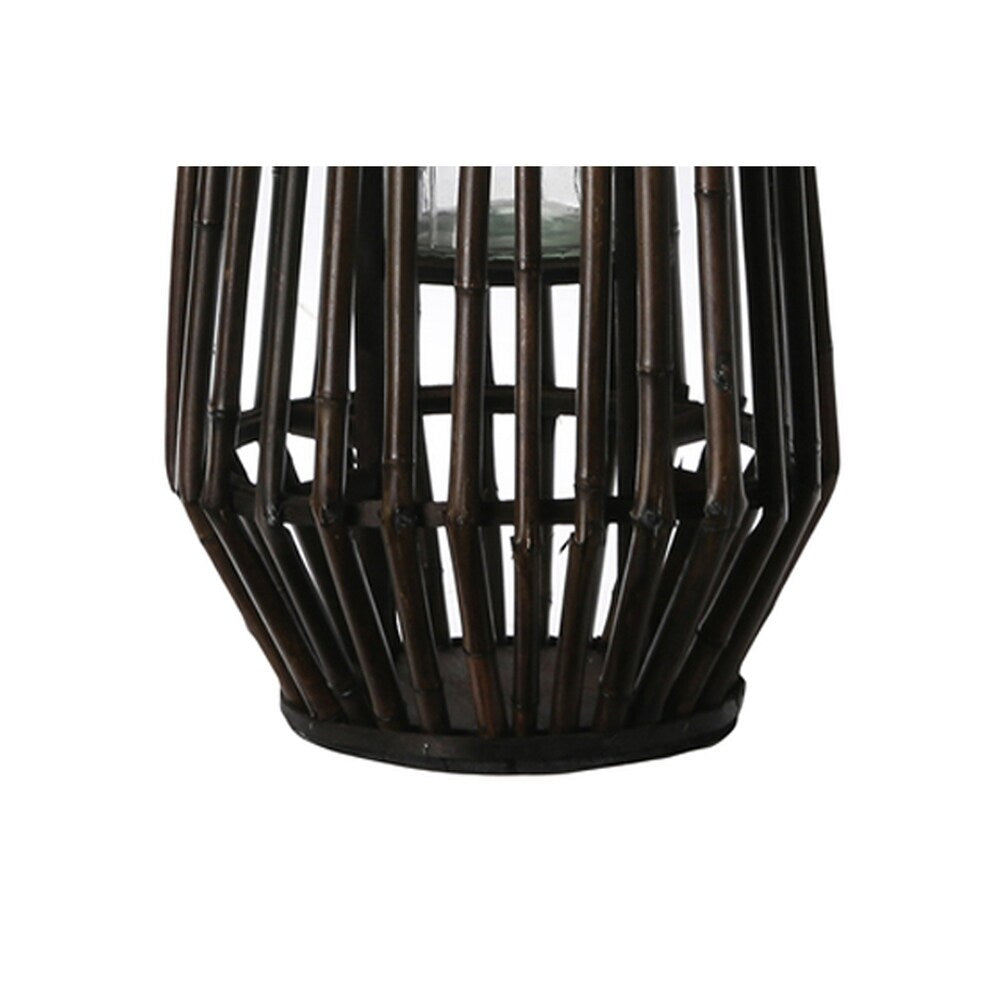 Bamboo Caged Glass Hurricane Lantern with Tapered Bottom, Small, Dark Brown